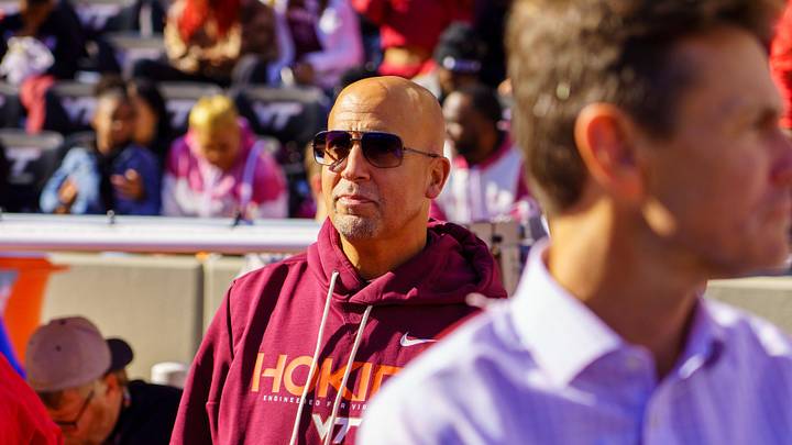 Nov 22, 2025; Blacksburg, Virginia, USA; Virginia Tech Hokies head coach James Franklin on the sidelines before the start of the game against the Miami (FL) Hurricanes at Lane Stadium. Mandatory Credit: Neville E. Guard-Imagn Images