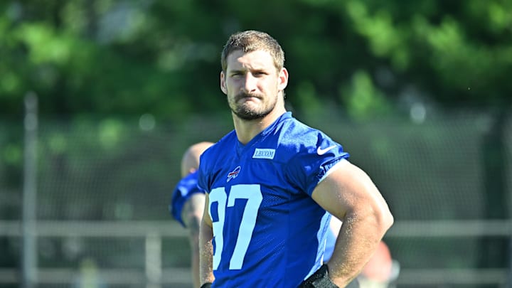 Buffalo Bills defensive end Joey Bosa warms up during training camp.