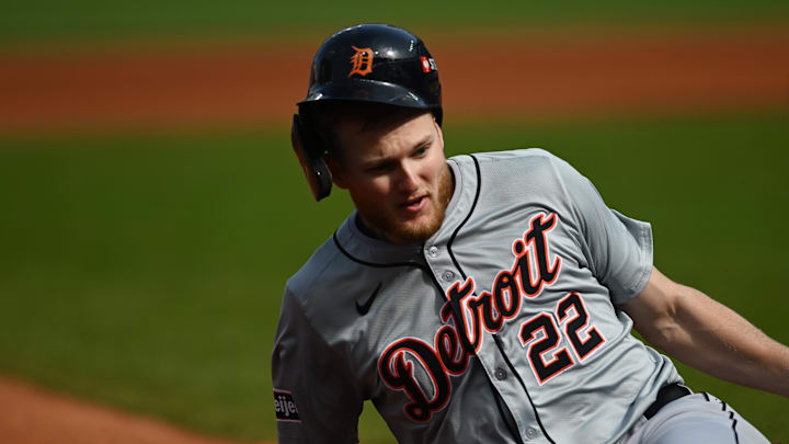 Detroit Tigers outfielder Parker Meadows (22) steals third base in the second inning against the Cleveland Guardians during game five of the ALDS for the 2024 MLB Playoffs at Progressive Field. Detroit Tigers outfielder Parker Meadows (22) steals third base in the second inning against the Cleveland Guardians during game five of the ALDS for the 2024 MLB Playoffs at Progressive Field.