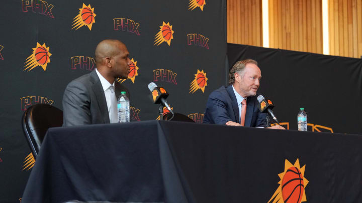 May 17, 2024; Phoenix, AZ, USA; Mike Budenholzer speaks alongside General Manager James Jones during a press conference to announce his job as head coach of the Phoenix Suns. Mandatory Credit: Joe Camporeale-USA TODAY Sports May 17, 2024; Phoenix, AZ, USA; Mike Budenholzer speaks alongside General Manager James Jones during a press conference to announce his job as head coach of the Phoenix Suns. Mandatory Credit: Joe Camporeale-USA TODAY Sports