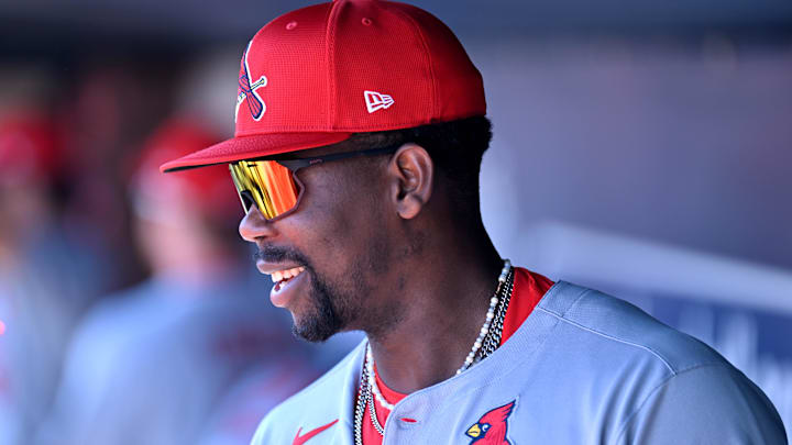 Feb 26, 2025; Tampa, Florida, USA; St. Louis Cardinals right fielder Jordan Walker (18) prepares for the start of the spring training game against the New York Yankees  at George M. Steinbrenner Field. Mandatory Credit: Jonathan Dyer-Imagn Images