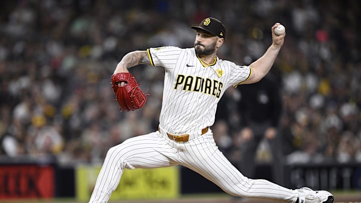 Sep 21, 2024; San Diego, California, USA; San Diego Padres relief pitcher Tanner Scott (66) pitches against the Chicago White Sox during the eighth inning at Petco Park. 