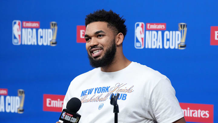 Dec 15, 2025; Las Vegas, NV, USA; New York Knicks center/forward Karl-Anthony Towns (32) at press conference prior to the Emirates NBA Cup championship at the T-Mobile Arena. Mandatory Credit: Kirby Lee-Imagn Images Dec 15, 2025; Las Vegas, NV, USA; New York Knicks center/forward Karl-Anthony Towns (32) at press conference prior to the Emirates NBA Cup championship at the T-Mobile Arena. Mandatory Credit: Kirby Lee-Imagn Images