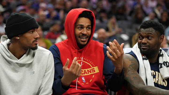 Apr 3, 2026; Sacramento, California, USA; New Orleans Pelicans guard Jordan Poole (center) talks with guard Dejounte Murray (left) and forward Zion Williamson (right) during the third quarter against the Sacramento Kings at Golden 1 Center. Mandatory Credit: Darren Yamashita-Imagn Images Apr 3, 2026; Sacramento, California, USA; New Orleans Pelicans guard Jordan Poole (center) talks with guard Dejounte Murray (left) and forward Zion Williamson (right) during the third quarter against the Sacramento Kings at Golden 1 Center. Mandatory Credit: Darren Yamashita-Imagn Images