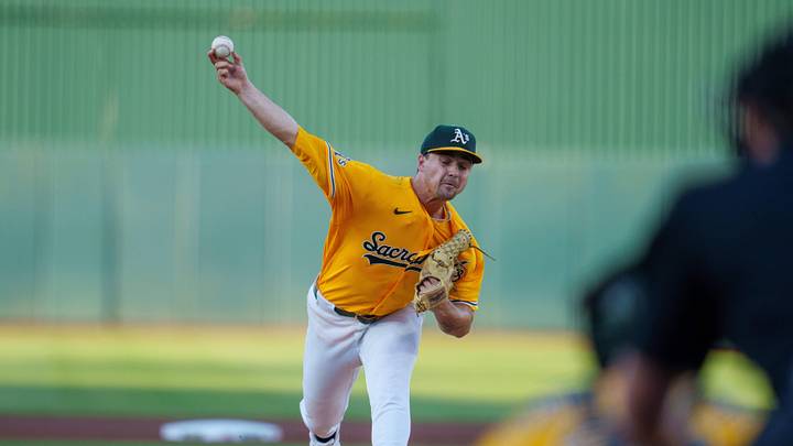 May 30, 2026; West Sacramento, California, USA; Athletics starting pitcher J.T. Ginn (35) delivers a pitch against the New York Yankees during the first inning at Sutter Health Park. Mandatory Credit: Neville E. Guard-Imagn Images