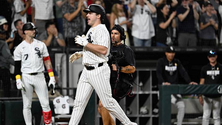 Sep 6, 2026;  Chicago, Illinois, USA:  Chicago White Sox catcher  Kyle Teel (8)  after he hits a three run home run during the eighth inning against the Minnesota Twins at Rate Field.  Mandatory Credit: Matt Marton-Imagn Images