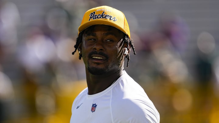 Sep 29, 2024; Green Bay, Wisconsin, USA;  Green Bay Packers quarterback Malik Willis (2) looks on during warmups prior to the game against the Minnesota Vikings at Lambeau Field. Mandatory Credit: Jeff Hanisch-Imagn Images
