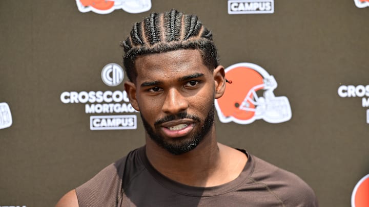 Jun 10, 2025; Berea, OH, USA; Cleveland Browns quarterback Shedeur Sanders (12) talks to the media during minicamp at CrossCountry Mortgage Campus. Mandatory Credit: Ken Blaze-Imagn Images