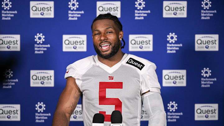 Jun 17, 2025; East Rutherford, NJ, USA; New York Giants linebacker Kayvon Thibodeaux (5) speaks at a press conference during minicamp at Quest Diagnostics Training Center. Mandatory Credit: John Jones-Imagn Images