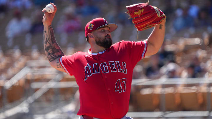 Mar 11, 2026; Phoenix, Arizona, USA; Los Angeles Angels pitcher Alek Manoah (47) pitches against the Chicago White Sox during the second inning at Camelback Ranch-Glendale. Mandatory Credit: Joe Camporeale-Imagn Images
