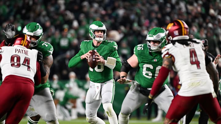 Jan 4, 2026; Philadelphia, Pennsylvania, USA; Philadelphia Eagles quarterback Tanner McKee (16) drops back to pass during the second quarter against the Washington Commanders at Lincoln Financial Field. Jan 4, 2026; Philadelphia, Pennsylvania, USA; Philadelphia Eagles quarterback Tanner McKee (16) drops back to pass during the second quarter against the Washington Commanders at Lincoln Financial Field.