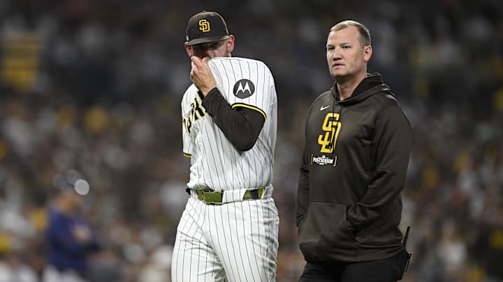 Oct 2, 2024; San Diego, California, USA; San Diego Padres pitcher Joe Musgrove (44) leaves the game during the fourth inning of game two in the Wildcard round for the 2024 MLB Playoffs against the Atlanta Braves at Petco Park. Mandatory Credit: Denis Poroy-Imagn Images