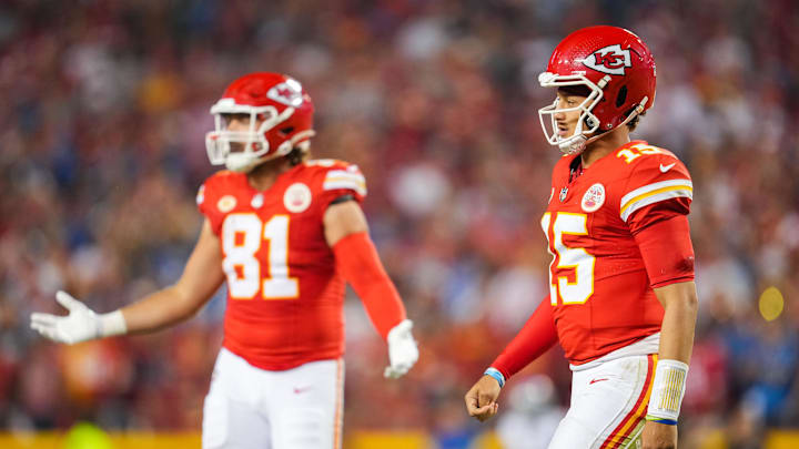 Sep 7, 2023; Kansas City, Missouri, USA; Kansas City Chiefs quarterback Patrick Mahomes (15) and