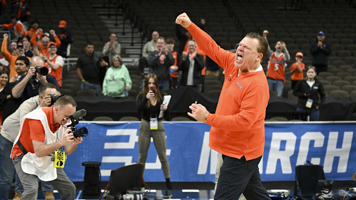 Mar 23, 2024; Omaha, NE, USA; Illinois Fighting Illini head coach Brad Underwood gestures after the game against the Duquesne Dukes in the second round of the 2024 NCAA Tournament at CHI Health Center Omaha. Mandatory Credit: Steven Branscombe-Imagn Images