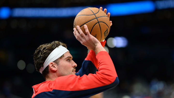 Nov 27, 2024; Washington, District of Columbia, USA; Washington Wizards forward Corey Kispert (24) warms up before the game between the Washington Wizards and the LA Clippers at Capital One Arena. Mandatory Credit: Reggie Hildred-Imagn Images