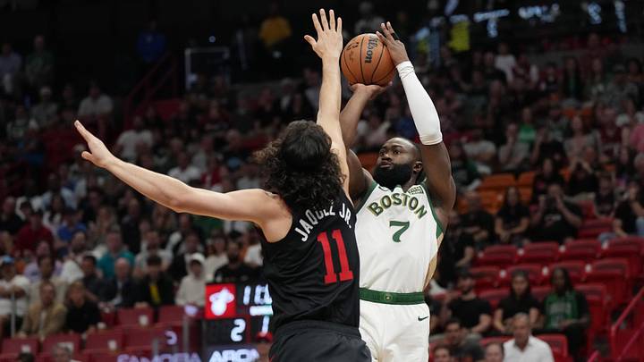Feb 11, 2024; Miami, Florida, USA; Boston Celtics guard Jaylen Brown (7) takes a shot over Miami Feb 11, 2024; Miami, Florida, USA; Boston Celtics guard Jaylen Brown (7) takes a shot over Miami
