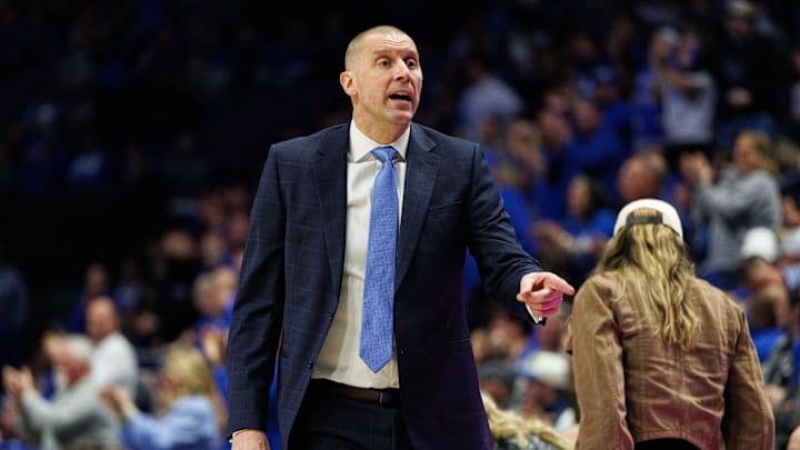 Feb 19, 2025; Lexington, Kentucky, USA; Kentucky Wildcats head coach Mark Pope calls for a player from the bench during the first half against the Vanderbilt Commodores at Rupp Arena at Central Bank Center. Mandatory Credit: Jordan Prather-Imagn Images
