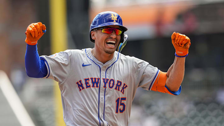 Apr 11, 2024; Cumberland, Georgia, USA; New York Mets pinch hitter Tyrone Taylor (15) reacts after Apr 11, 2024; Cumberland, Georgia, USA; New York Mets pinch hitter Tyrone Taylor (15) reacts after