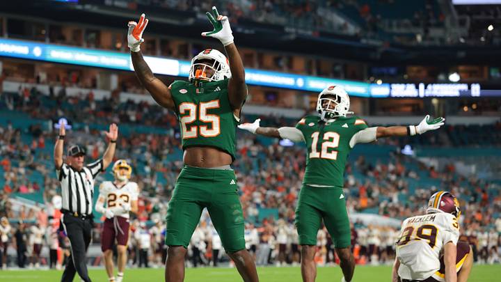 Sep 26, 2026; Miami Gardens, Florida, USA; Miami Hurricanes running back Chris Wheatley-Humphrey (25) celebrates after scoring a touchdown against the Central Michigan Chippewas during the fourth quarter at Hard Rock Stadium. Mandatory Credit: Sam Navarro-Imagn Images