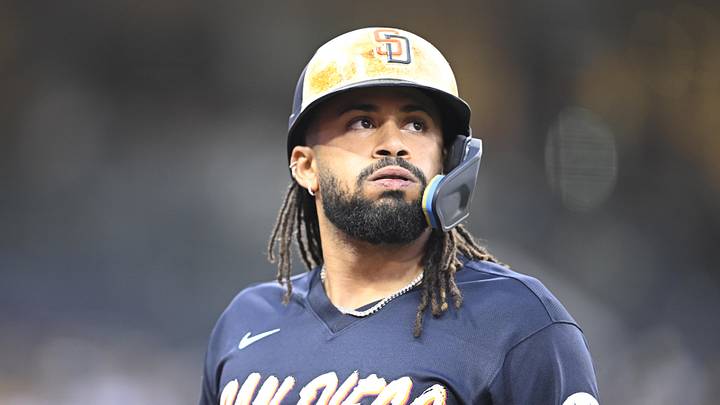 May 22, 2026; San Diego, California, USA; San Diego Padres second baseman Fernando Tatis Jr. (23) walks back to the dugout after hitting a fly ball during the third inning against the Athletics at Petco Park. Mandatory Credit: Denis Poroy-Imagn Images