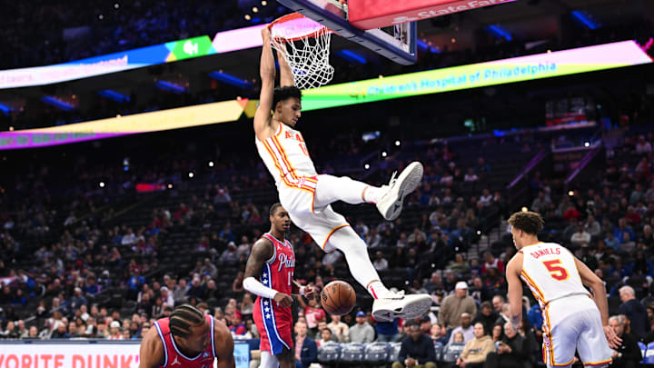 Apr 11, 2025; Philadelphia, Pennsylvania, USA; Atlanta Hawks forward Zaccharie Risacher (10) dunks against the Philadelphia 76ers in the first quarter at Wells Fargo Center. Mandatory Credit: Kyle Ross-Imagn Images Apr 11, 2025; Philadelphia, Pennsylvania, USA; Atlanta Hawks forward Zaccharie Risacher (10) dunks against the Philadelphia 76ers in the first quarter at Wells Fargo Center. Mandatory Credit: Kyle Ross-Imagn Images