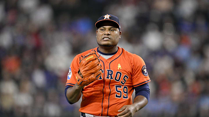 Sep 7, 2025; Arlington, Texas, USA; Houston Astros starting pitcher Framber Valdez (59) pitches against the Texas Rangers during the first inning at Globe Life Field. Mandatory Credit: Jerome Miron-Imagn Images Sep 7, 2025; Arlington, Texas, USA; Houston Astros starting pitcher Framber Valdez (59) pitches against the Texas Rangers during the first inning at Globe Life Field. Mandatory Credit: Jerome Miron-Imagn Images