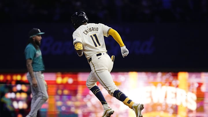 Apr 6, 2024; Milwaukee, Wisconsin, USA; Milwaukee Brewers right fielder Jackson Chourio (11) rounds Apr 6, 2024; Milwaukee, Wisconsin, USA; Milwaukee Brewers right fielder Jackson Chourio (11) rounds