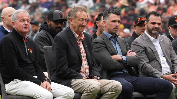 San Francisco, California, USA; (L to R) San Francisco Giants chairman Greg Johnson and president Larry Baer and president of baseball operations Buster Posey and general manager Zack Minasian sit on the field before the game against the Miami Marlins at Oracle Park. Mandatory Credit: Darren Yamashita-Imagn Images San Francisco, California, USA; (L to R) San Francisco Giants chairman Greg Johnson and president Larry Baer and president of baseball operations Buster Posey and general manager Zack Minasian sit on the field before the game against the Miami Marlins at Oracle Park. Mandatory Credit: Darren Yamashita-Imagn Images