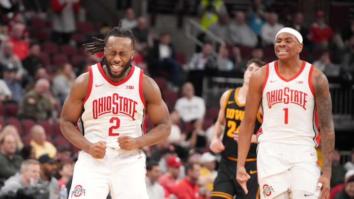 Mar 12, 2026; Chicago, IL, USA; Ohio State Buckeyes guard Bruce Thornton (2) reacts after making a three point basket against the Iowa Hawkeyes during the second half at United Center. Mandatory Credit: David Banks-Imagn Images