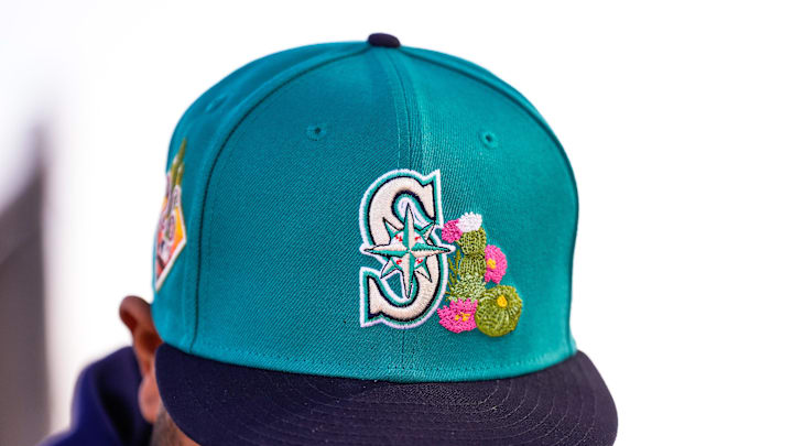 Feb 12, 2026; Phoenix, AZ, USA; A detailed view of Spring Training Hat at Seattle Mariners workouts in Peoria, Arizona. Mandatory Credit: Arianna Grainey-Imagn Images