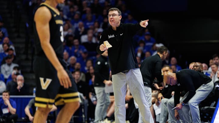 Feb 19, 2025; Lexington, Kentucky, USA; Vanderbilt Commodores head coach Mark Byington directs his players during the first half against the Kentucky Wildcats at Rupp Arena at Central Bank Center. Mandatory Credit: Jordan Prather-Imagn Images