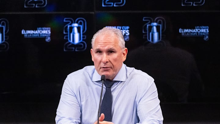 May 1, 2025; Ottawa, Ontario, CAN; Toronto Maple Leafs head coach Craig Berube speaks to the media following the team win against the Ottawa Senators in game six of the first round of the 2025 Stanley Cup Playoffs at Canadian Tire Centre. 