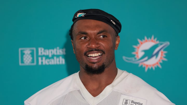 Miami Dolphins guard Austin Jackson (73) speaks to reporters during training camp at Baptist Health Training Complex. Miami Dolphins guard Austin Jackson (73) speaks to reporters during training camp at Baptist Health Training Complex.