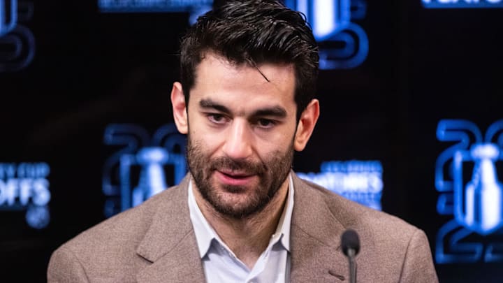 May 1, 2025; Ottawa, Ontario, CAN; Toronto Maple Leafs left wing Max Pacioretty speaks to the media following the team win against the Ottawa Senators in game six of the first round of the 2025 Stanley Cup Playoffs at Canadian Tire Centre. 