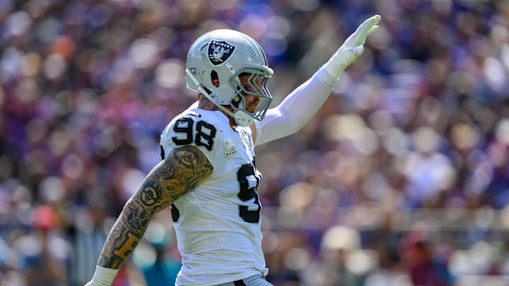 Sep 15, 2024; Baltimore, Maryland, USA; Las Vegas Raiders defensive end Maxx Crosby (98) celebrates after a sack during the first half against the Baltimore Ravens at M&T Bank Stadium. Mandatory Credit: Reggie Hildred-Imagn Images