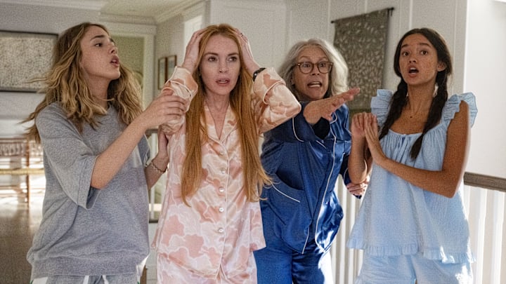 (L-R) Julia Butlers as Harper Coleman, Lindsay Lohan as Anna Coleman, Jamie Lee Curtis as Tess Coleman and Sophia Hammons as Lily Davies in Disney's FREAKIER FRIDAY. Photo by Glen Wilson. © 2025 Disney Enterprises, Inc. All Rights Reserved.