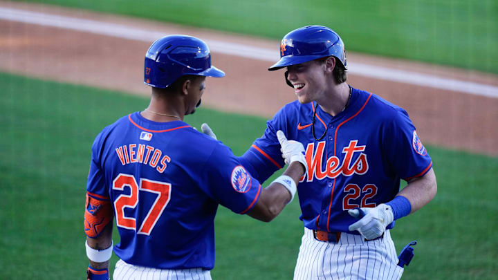 Mar 19, 2024; Port St. Lucie, Florida, USA; New York Mets third baseman Brett Baty (22) celebrates