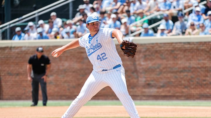 Jun 8, 2025; Chapel Hill, NC, USA; North Carolina pitcher Jake Knapp (42) pitches the ball during the seventh inning of the Super Regionals game against Arizona in Chapel Hill, North Carolina. 