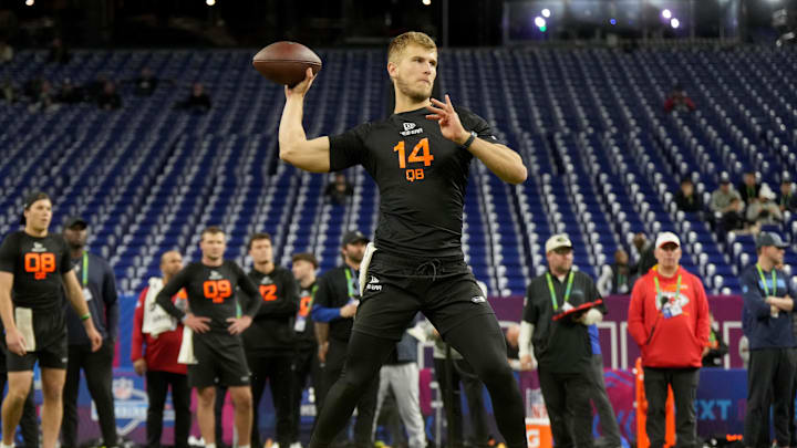 Mar 1, 2025; Indianapolis, IN, USA; Louisville quarterback Tyler Shough (QB14) during the 2025 NFL Combine at Lucas Oil Stadium.  