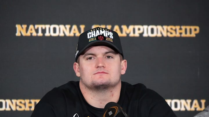 Jan 20, 2026; Miami, FL, USA; Indiana Hoosirs offensive lineman Pat Coogan during the CFP Champions press conference at Marriott Marquis Miami. Mandatory Credit: Kirby Lee-Imagn Images Jan 20, 2026; Miami, FL, USA; Indiana Hoosirs offensive lineman Pat Coogan during the CFP Champions press conference at Marriott Marquis Miami. Mandatory Credit: Kirby Lee-Imagn Images