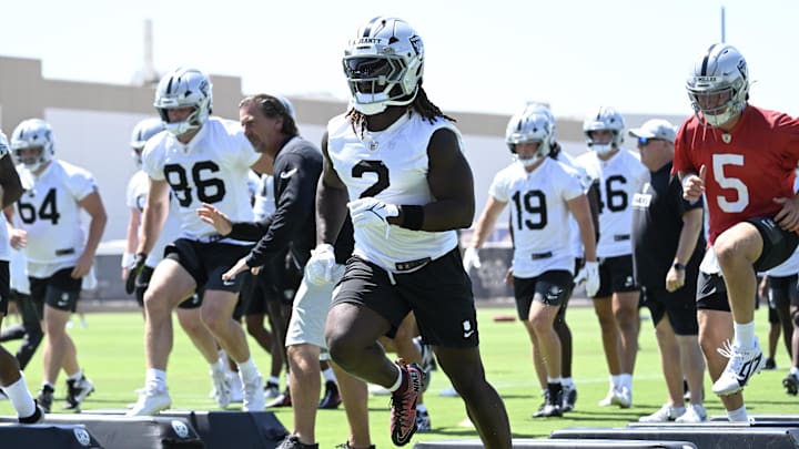 Jun 10, 2025; Henderson, NV, USA; Las Vegas Raiders running back Ashton Jeanty (2) performs a drill during Las Vegas Raiders Minicamp at Intermountain Health Performance Center. Mandatory Credit: Candice Ward-Imagn Images
