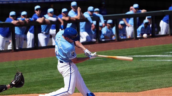 Mar 11, 2024; Surprise, Arizona, USA; Kansas City Royals right fielder Hunter Renfroe (16) bats Mar 11, 2024; Surprise, Arizona, USA; Kansas City Royals right fielder Hunter Renfroe (16) bats