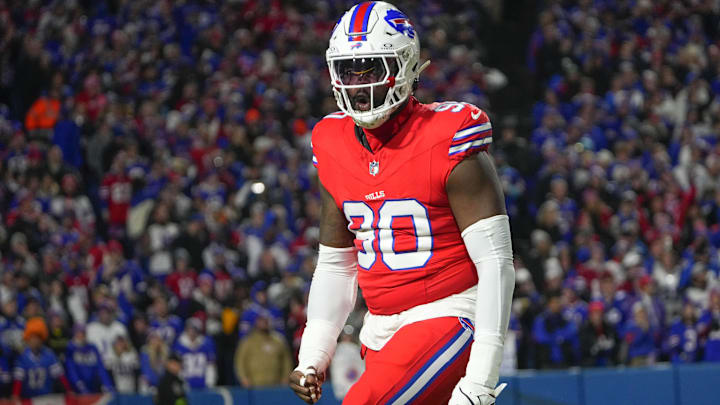 Oct 15, 2023; Orchard Park, New York, USA; Buffalo Bills defensive end Shaq Lawson (90) reacts to making a stop to force a punt against the New York Giants during the first half at Highmark Stadium.