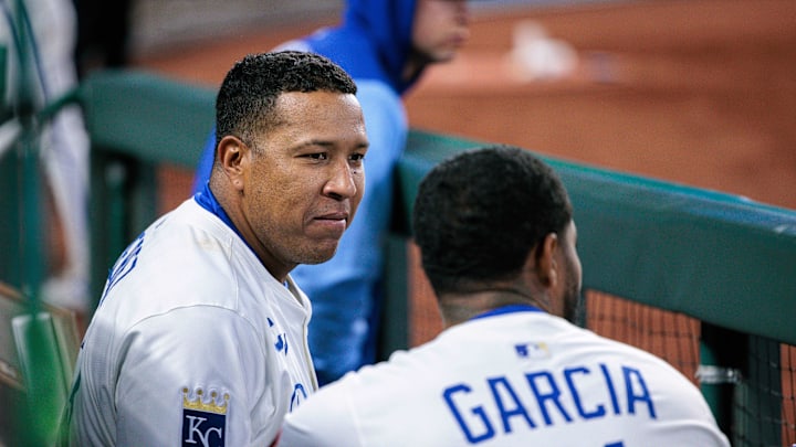 Apr 8, 2025; Kansas City, Missouri, USA; Kansas City Royals catcher Salvador Perez (13) talks with Kansas City Royals third base Maikel Garcia (11) during the fifth inning against the Minnesota Twins at Kauffman Stadium. Mandatory Credit: William Purnell-Imagn Images