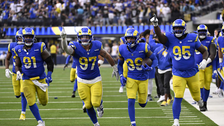 Oct 20, 2024; Inglewood, California, USA; Los Angeles Rams safety Jaylen McCollough (39) celebrates an interception with the rest of his team against the Las Vegas Raiders during the second half at SoFi Stadium. Mandatory Credit: Alex Gallardo-Imagn Images Oct 20, 2024; Inglewood, California, USA; Los Angeles Rams safety Jaylen McCollough (39) celebrates an interception with the rest of his team against the Las Vegas Raiders during the second half at SoFi Stadium. Mandatory Credit: Alex Gallardo-Imagn Images