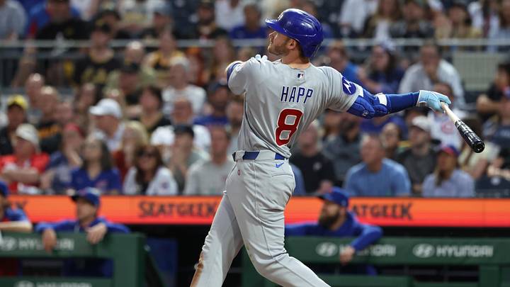 May 27, 2026; Pittsburgh, Pennsylvania, USA; Chicago Cubs left fielder Ian Happ (8) hits a three-run home run  against the Pittsburgh Pirates during the seventh inning at PNC Park. Mandatory Credit: Charles LeClaire-Imagn Images