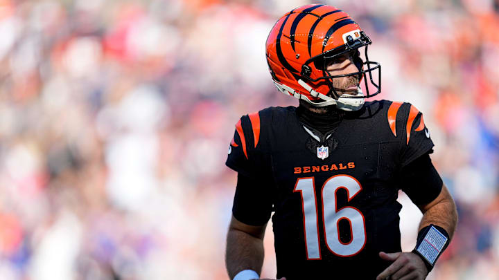 Nov 23, 2025; Cincinnati, Ohio, USA; Cincinnati Bengals quarterback Joe Flacco (16) runs for the sideline after throwing a pick-six to New England Patriots cornerback Marcus Jones (25) in the second quarter  at Paycor Stadium. Mandatory Credit: Sam Greene-USA TODAY Network via Imagn Images
