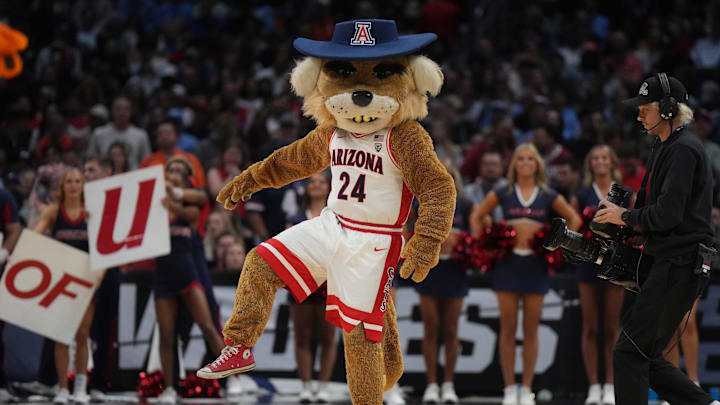 Mar 28, 2024; Los Angeles, CA, USA; The Arizona Wildcats mascot Wilbur performs in the second half against the Clemson Tigers in the semifinals of the West Regional of the 2024 NCAA Tournament at Crypto.com Arena. Mandatory Credit: Kirby Lee-Imagn Images Mar 28, 2024; Los Angeles, CA, USA; The Arizona Wildcats mascot Wilbur performs in the second half against the Clemson Tigers in the semifinals of the West Regional of the 2024 NCAA Tournament at Crypto.com Arena. Mandatory Credit: Kirby Lee-Imagn Images