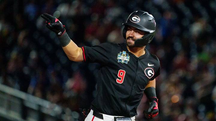 Jun 17, 2026; Omaha, NE, USA; Georgia Bulldogs shortstop Kolby Branch (9) celebrates after hitting a home run against the Oklahoma Sooners during the ninth inning at Charles Schwab Field. Mandatory Credit: Dylan Widger-Imagn Images Jun 17, 2026; Omaha, NE, USA; Georgia Bulldogs shortstop Kolby Branch (9) celebrates after hitting a home run against the Oklahoma Sooners during the ninth inning at Charles Schwab Field. Mandatory Credit: Dylan Widger-Imagn Images