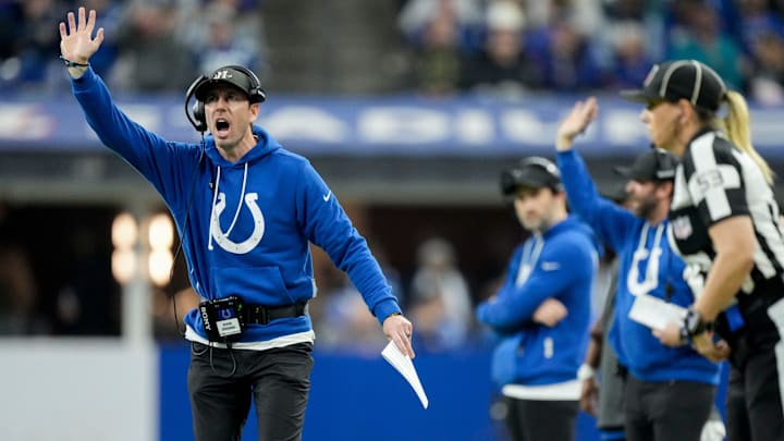 Indianapolis Colts head coach Shane Steichen yells from the sideline Sunday, Dec. 28, 2025, during a game against the Jacksonville Jaguars at Lucas Oil Stadium in Indianapolis. Indianapolis Colts head coach Shane Steichen yells from the sideline Sunday, Dec. 28, 2025, during a game against the Jacksonville Jaguars at Lucas Oil Stadium in Indianapolis.